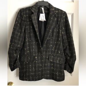 NY COLLECTION WOMEN'S BLAZER SIZE M LONG SLEEVE TWEED BLACK/GOLD ONE BUTTONps232